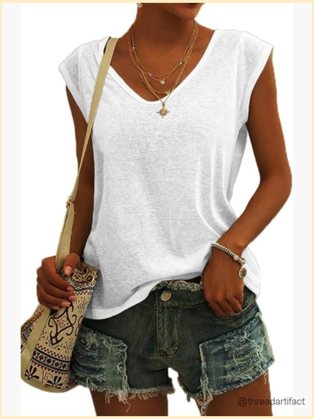 Cap Sleeve V-Neck Loose Fit T-Shirt Soft Stretchy Blouse